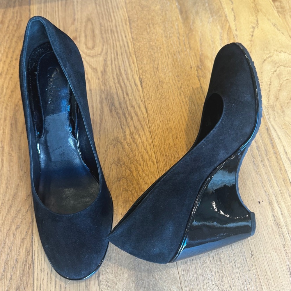 Cole Haan Women 10 B Black Suede Patent Leather Wedge Heel Pumps Comfort Classic